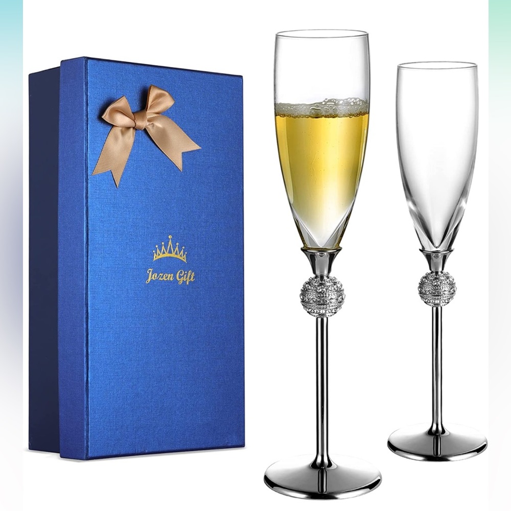 Champagne Flutes set of 2 - Crystal Glasses Metal Base w/ Silver plating NIB